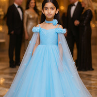 Girls' Off Shoulder Long Cape Dress, Solid Color Mesh Wedding Flower Girl Birthday Party Princess Dress for Young Girl