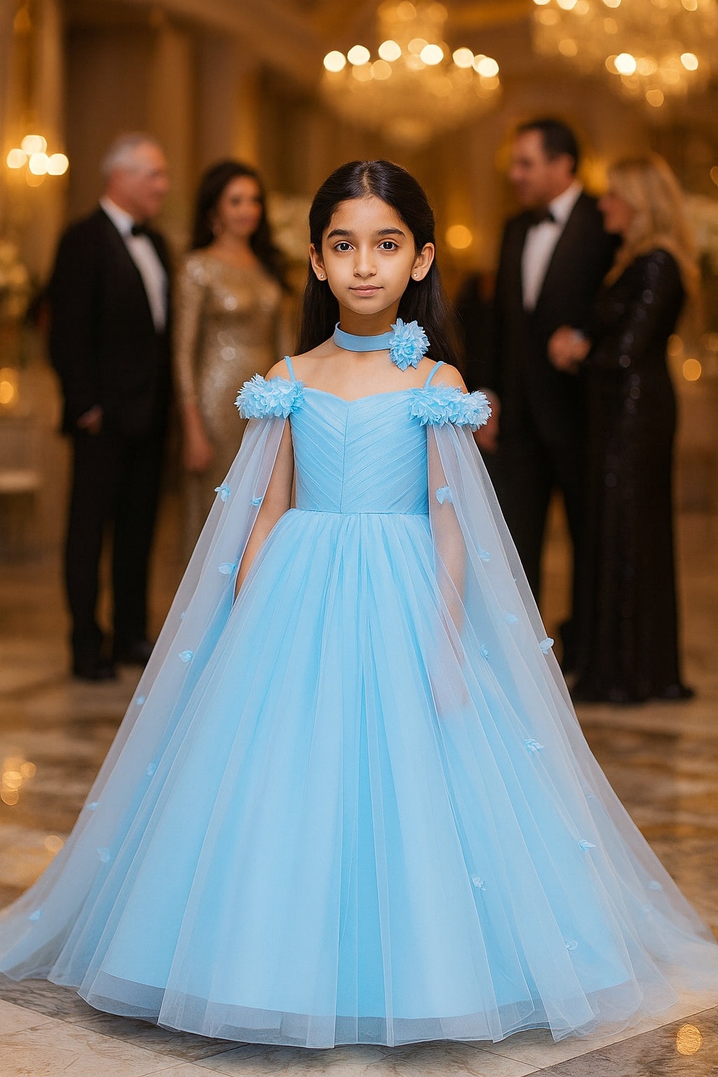 Girls' Off Shoulder Long Cape Dress, Solid Color Mesh Wedding Flower Girl Birthday Party Princess Dress for Young Girl