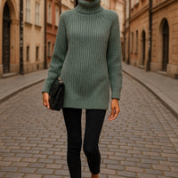 Turtlenecks Women Pullovers Mid-Long Casual Knit Sweater Fad Raglan Sleeves Side Slit Sweater New Skirt-style Jumper