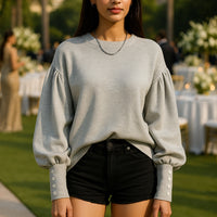 Long-sleeved T-shirt Versatile Outer Casual Top Women's Simple Lantern Sleeves Solid Color Loose Round Neck Women's shirt