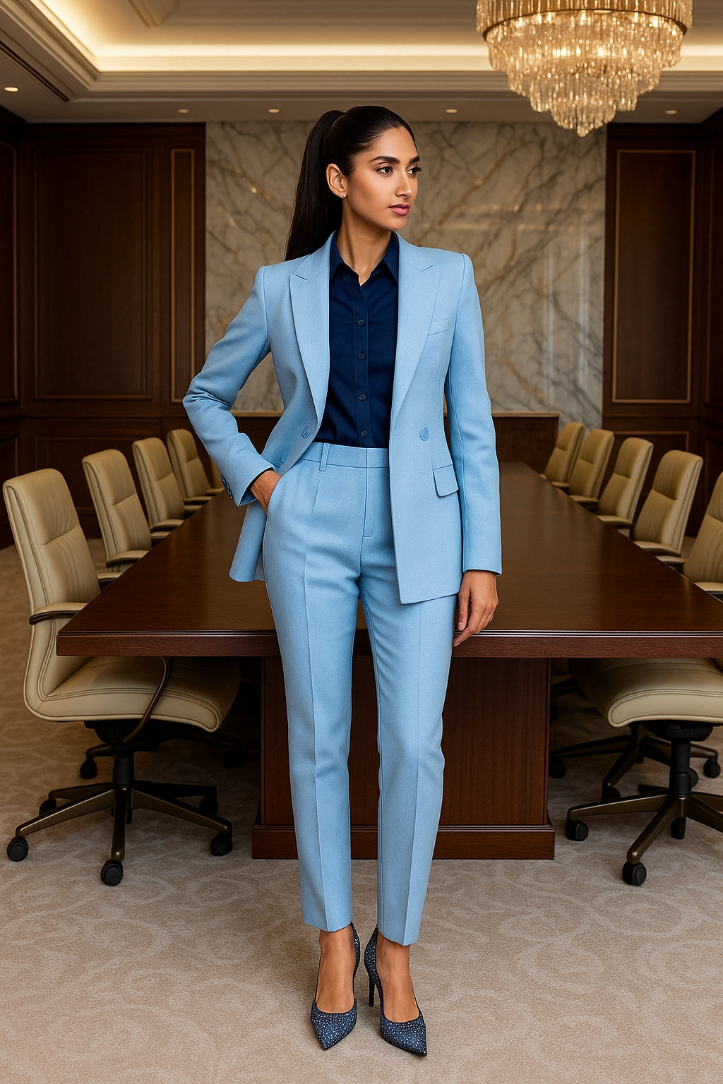 Women Fashion Solid Pant Suits, Office Lady Elegant V-Neck Long Sleeve Blazer Set, Pencil Pants Slim Ladies Outfit
