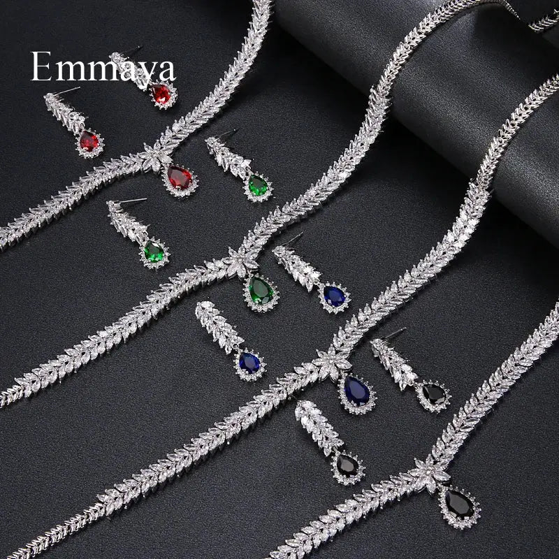 Luxury AAA Cubic Zircon 4 Colors Water Drop Wedding Earrings Necklace For Women Bridal Jewelry Sets Party Set Natalia Home Fashion    Natalia Home Fashion