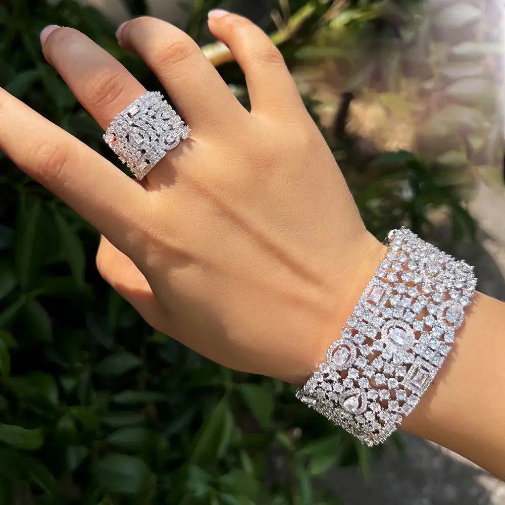Luxury Chunky Cubic Zirconia Inlay Wide Big Open Cuff Bangle and Ring  Wedding Bridal Party Jewelry Sets Natalia Home Fashion    Natalia Home Fashion