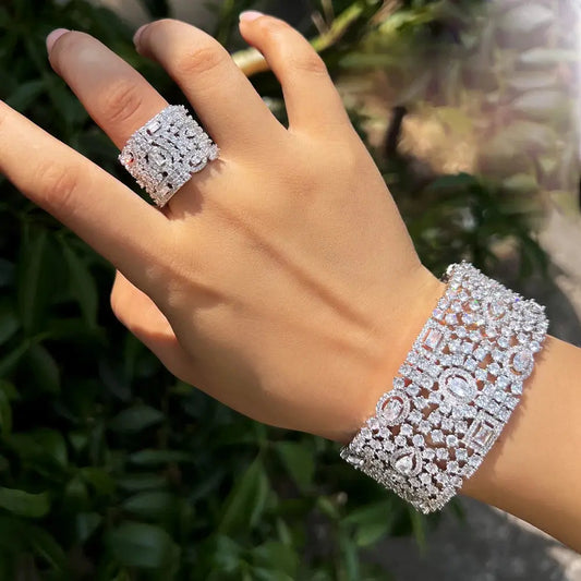 Luxury Chunky Cubic Zirconia Inlay Wide Big Open Cuff Bangle and Ring  Wedding Bridal Party Jewelry Sets Natalia Home Fashion    Natalia Home Fashion