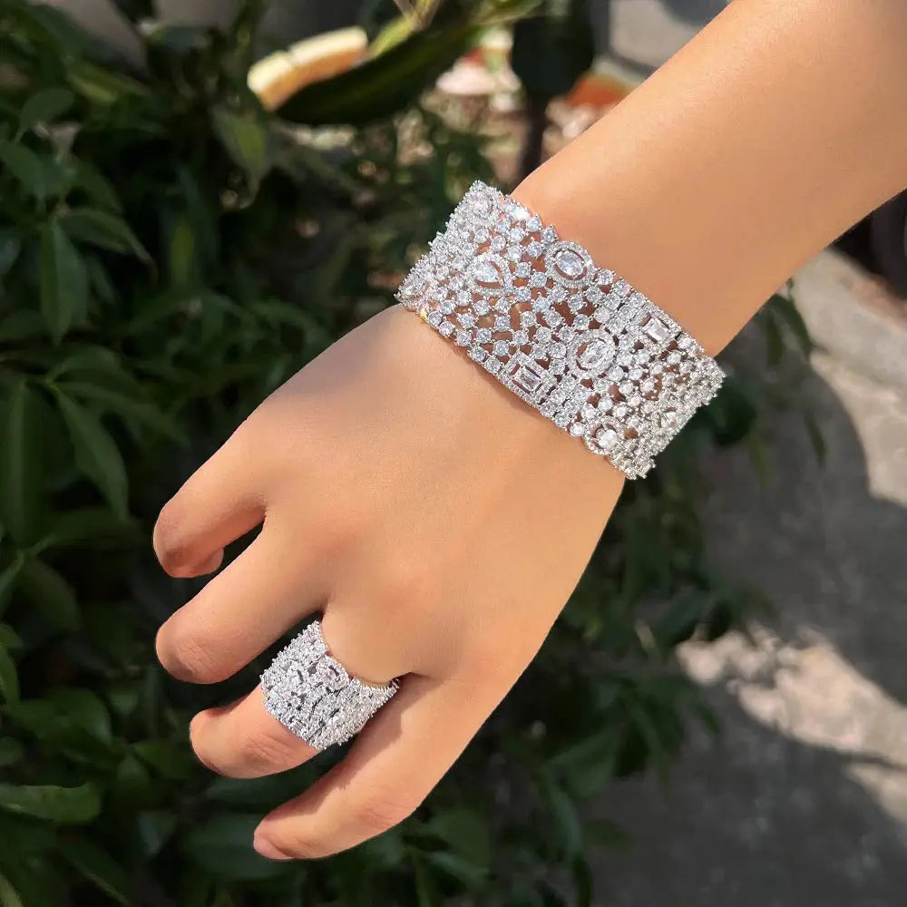 Luxury Chunky Cubic Zirconia Inlay Wide Big Open Cuff Bangle and Ring  Wedding Bridal Party Jewelry Sets Natalia Home Fashion    Natalia Home Fashion
