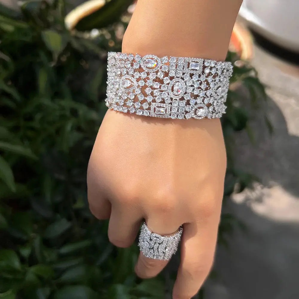 Luxury Chunky Cubic Zirconia Inlay Wide Big Open Cuff Bangle and Ring  Wedding Bridal Party Jewelry Sets Natalia Home Fashion    Natalia Home Fashion