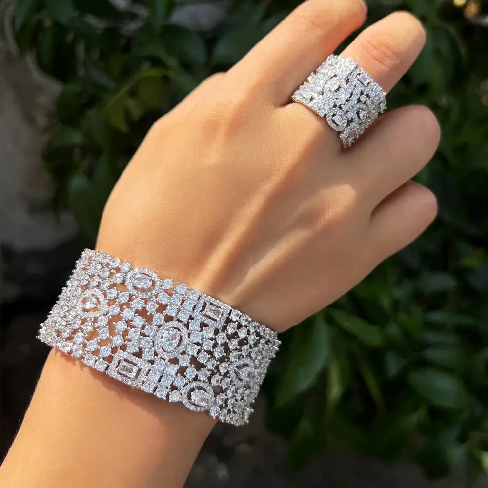 Luxury Chunky Cubic Zirconia Inlay Wide Big Open Cuff Bangle and Ring  Wedding Bridal Party Jewelry Sets Natalia Home Fashion    Natalia Home Fashion