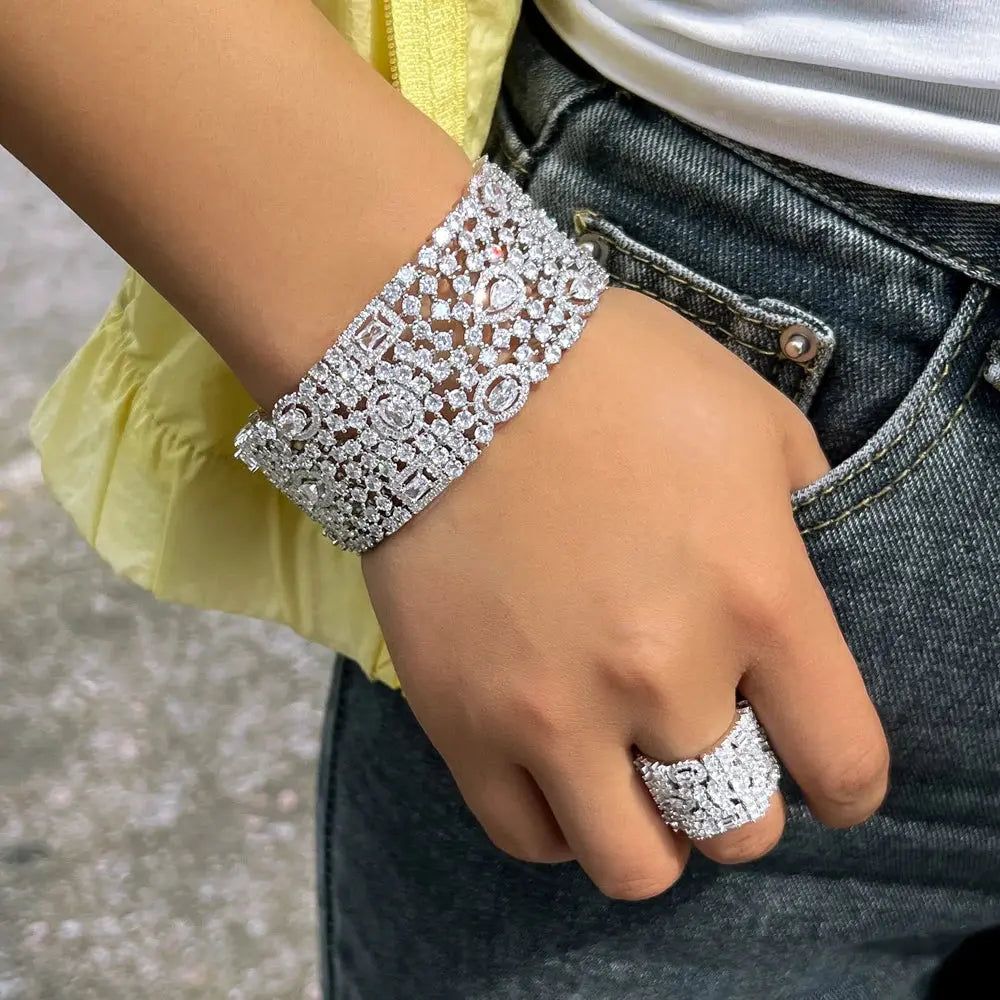 Luxury Chunky Cubic Zirconia Inlay Wide Big Open Cuff Bangle and Ring  Wedding Bridal Party Jewelry Sets Natalia Home Fashion    Natalia Home Fashion