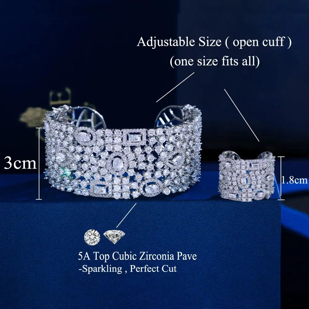 Luxury Chunky Cubic Zirconia Inlay Wide Big Open Cuff Bangle and Ring  Wedding Bridal Party Jewelry Sets Natalia Home Fashion    Natalia Home Fashion
