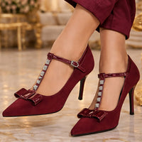 Banquet Bow Rivet T-button Pointed Head High Heel Women's Single Shoes