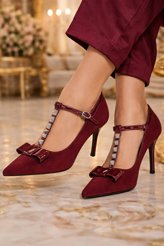 Banquet Bow Rivet T-button Pointed Head High Heel Women's Single Shoes