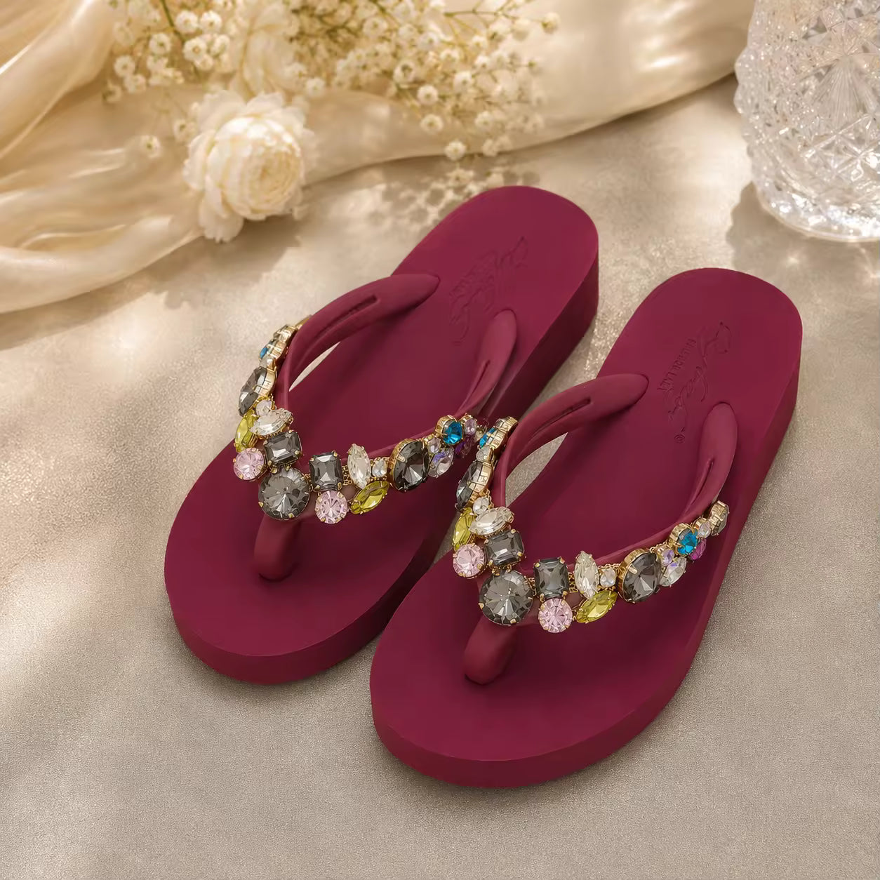 Rhinestone Flip Flops Women's Summer Slope High Heel Non Slip Outer Wear Fashionable Height Enhancing Cool Slippers