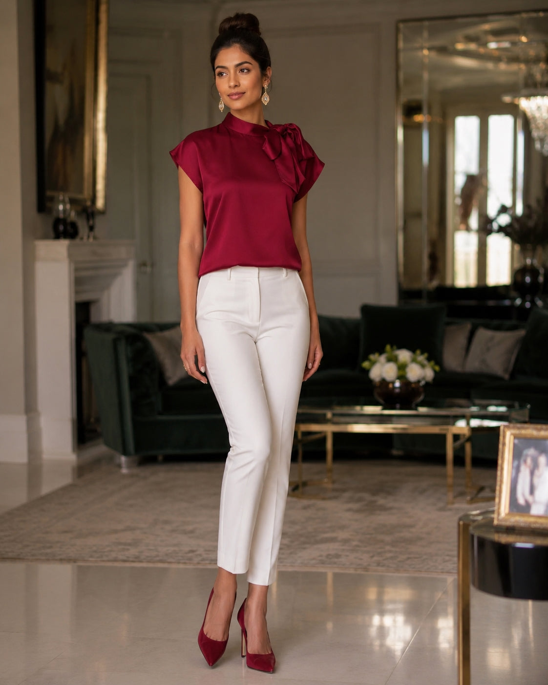 Women's Satin Short-Sleeve Blouse with Tie Collar Large Bow