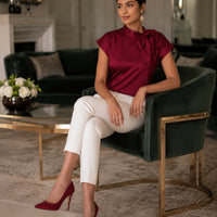 Women's Satin Short-Sleeve Blouse with Tie Collar Large Bow