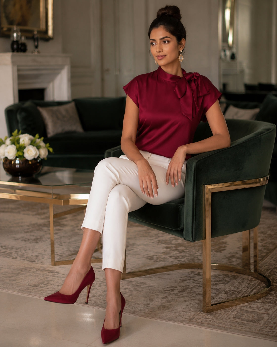 Women's Satin Short-Sleeve Blouse with Tie Collar Large Bow