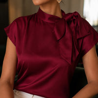 Women's Satin Short-Sleeve Blouse with Tie Collar Large Bow