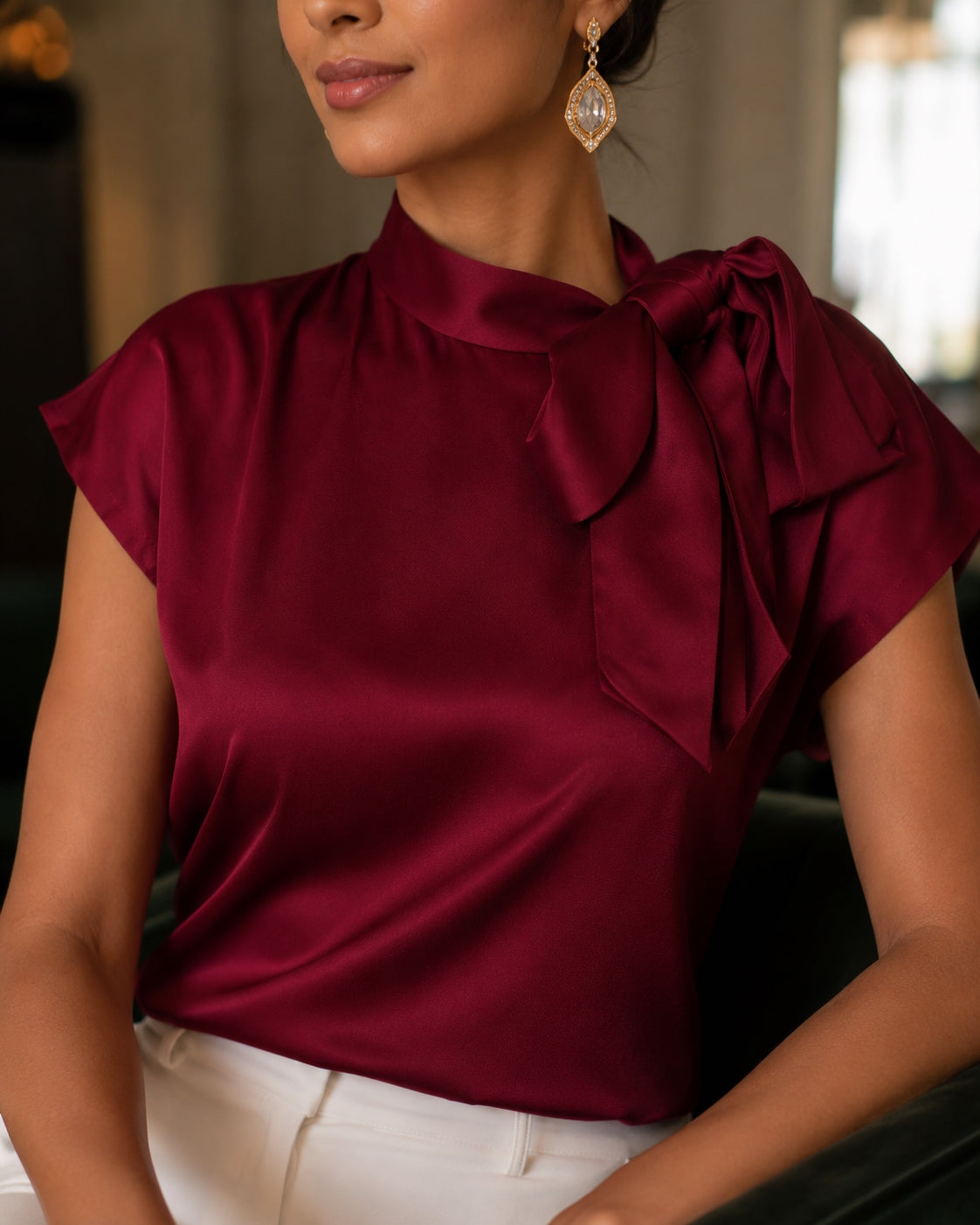 Women's Satin Short-Sleeve Blouse with Tie Collar Large Bow
