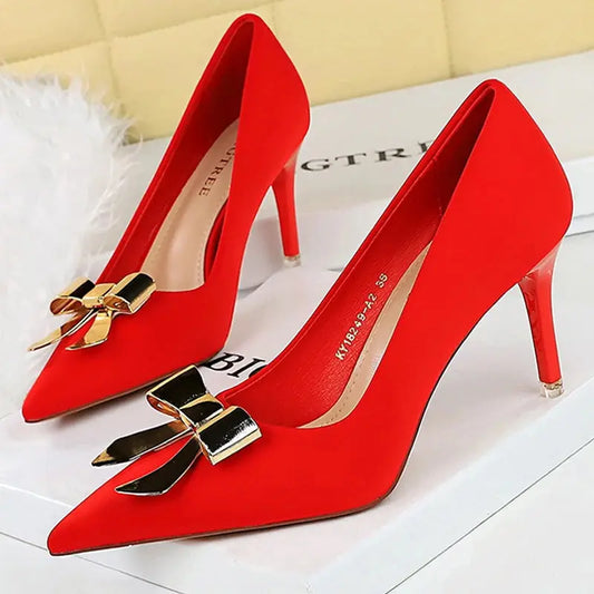 Metal Bowknot Women Pumps Silks Satins Women Heels 7.5 cm Stilettos Luxury Banquet Shoes Heel Natalia Home Fashion    Natalia Home Fashion