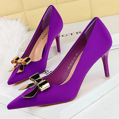 Metal Bowknot Women Pumps Silks Satins Women Heels 7.5 cm Stilettos Luxury Banquet Shoes Heel Natalia Home Fashion   Purple-43 Natalia Home Fashion