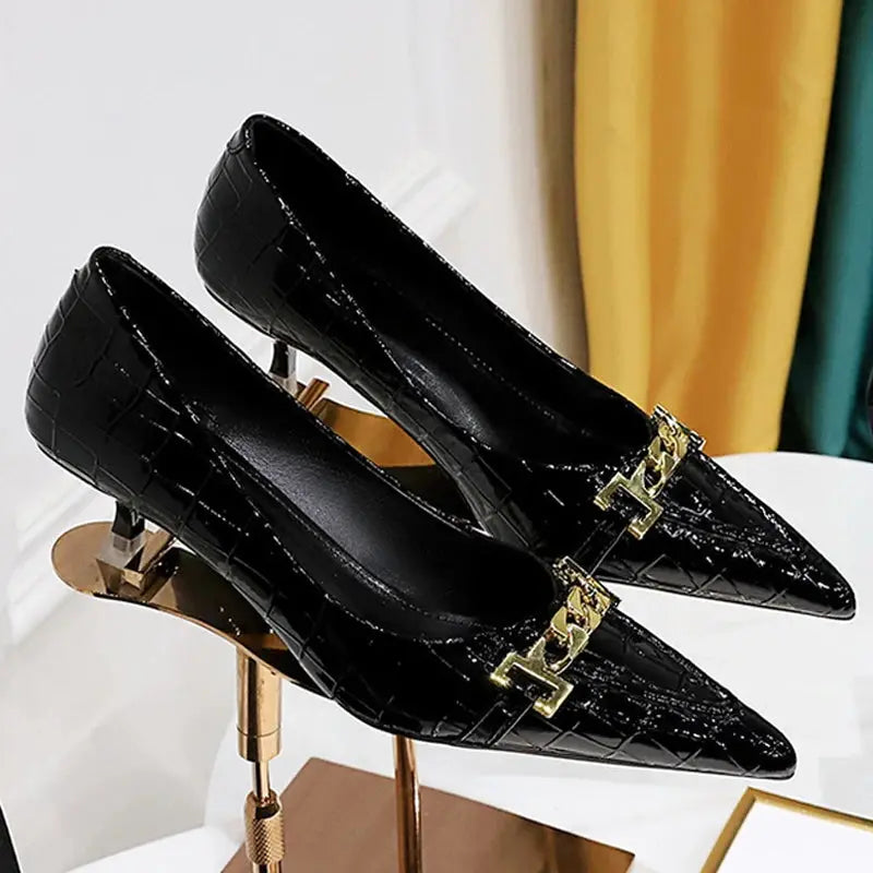 Metal Chain Decoration Women Pumps Patent Leather Heels 4.5 Cm Ladies Shoes Sexy Women Heels Office Natalia Home Fashion   black-40 Natalia Home Fashion