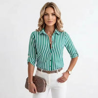 Women's Long Sleeve Striped Button-Up Shirt with Classic Lapel Collar and Curved Hem - Casual Office Wear Tops