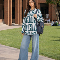 Elegant geometric printed long sleeved shirts For Women Fashion Suit Collar Button Front Blouse