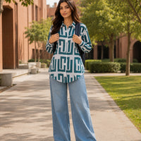 Elegant geometric printed long sleeved shirts For Women Fashion Suit Collar Button Front Blouse