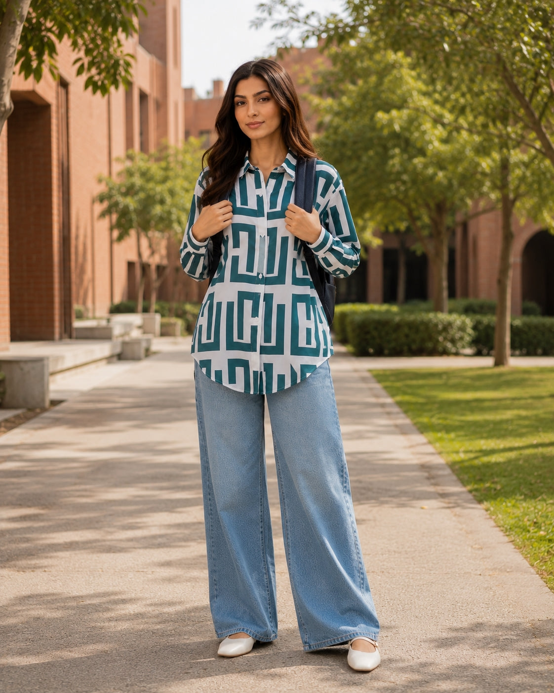 Elegant geometric printed long sleeved shirts For Women Fashion Suit Collar Button Front Blouse
