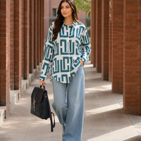 Elegant geometric printed long sleeved shirts For Women Fashion Suit Collar Button Front Blouse