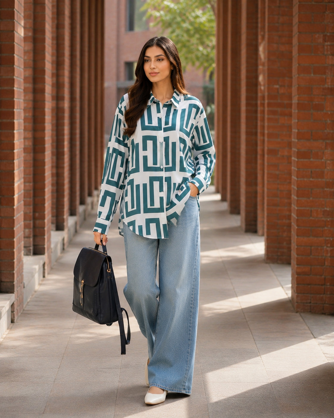 Elegant geometric printed long sleeved shirts For Women Fashion Suit Collar Button Front Blouse