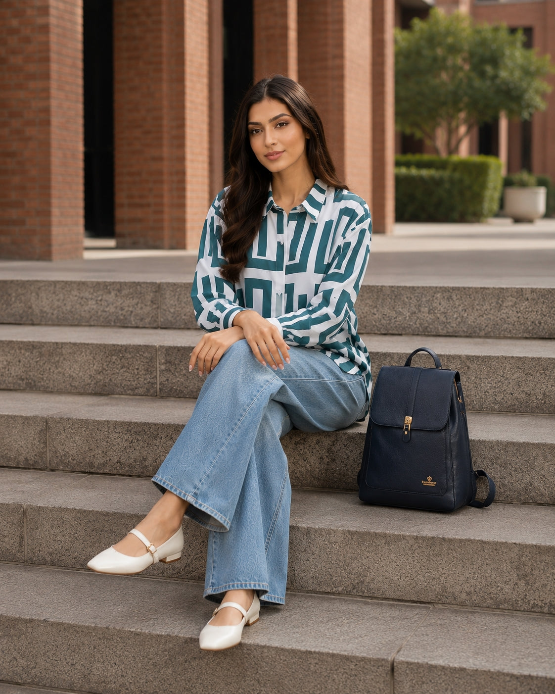 Elegant geometric printed long sleeved shirts For Women Fashion Suit Collar Button Front Blouse
