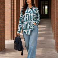 Elegant geometric printed long sleeved shirts For Women Fashion Suit Collar Button Front Blouse