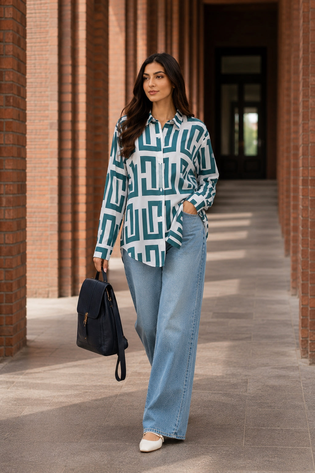 Elegant geometric printed long sleeved shirts For Women Fashion Suit Collar Button Front Blouse