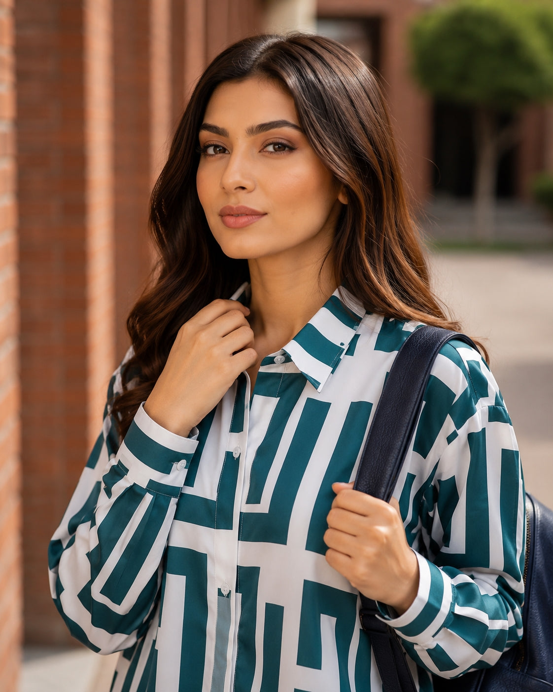 Elegant geometric printed long sleeved shirts For Women Fashion Suit Collar Button Front Blouse