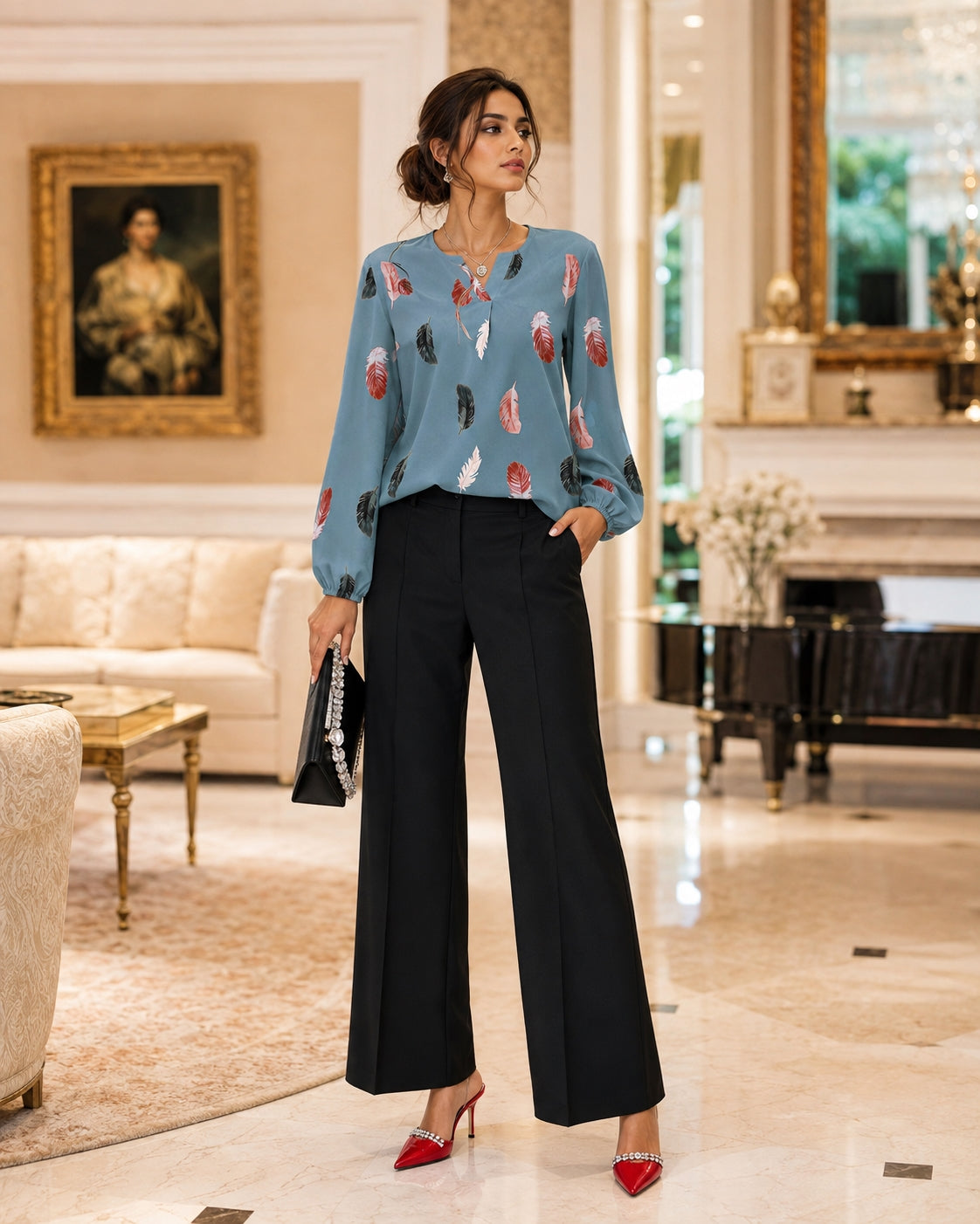 Fashion Woman Blouse Shirts For Women Stylish Top long Sleeve Feather Pattern Female Tops Elegant Chiffon Natalia Home Fashion    Natalia Home Fashion
