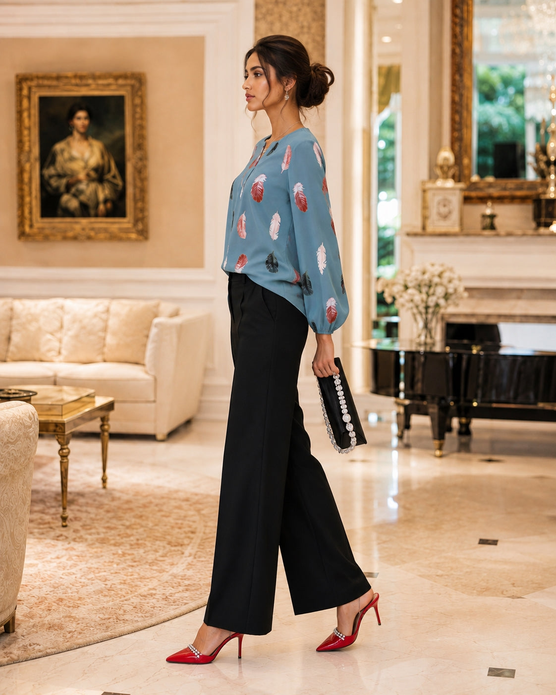 Fashion Woman Blouse Shirts For Women Stylish Top long Sleeve Feather Pattern Female Tops Elegant Chiffon Natalia Home Fashion    Natalia Home Fashion