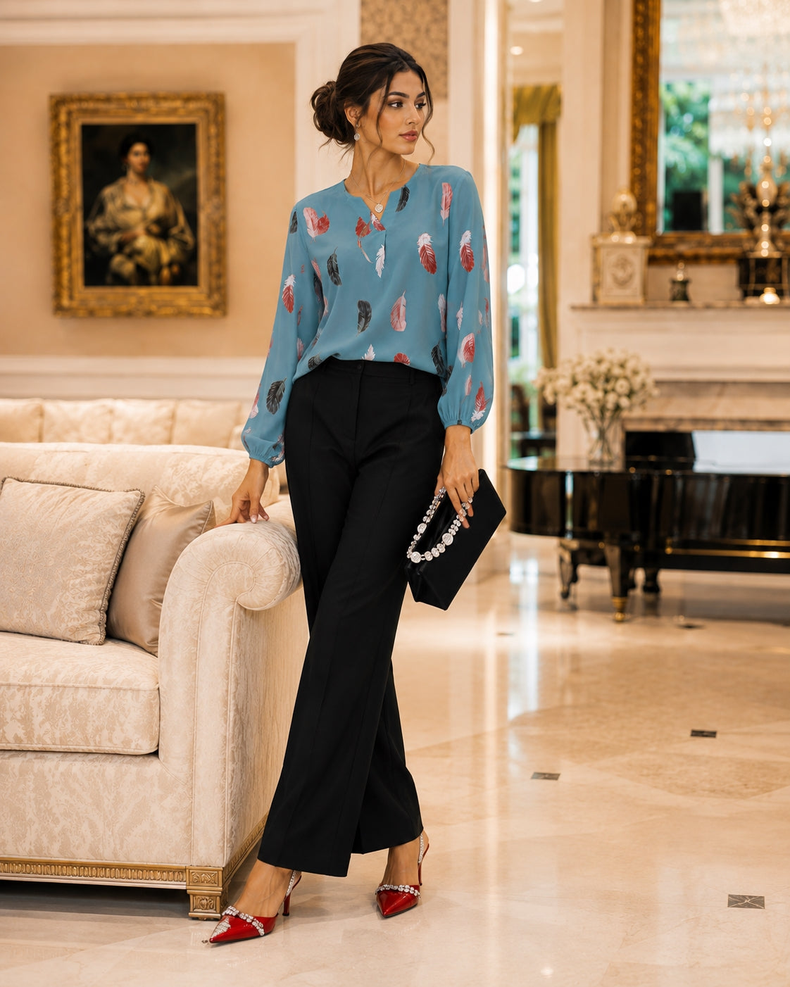 Fashion Woman Blouse Shirts For Women Stylish Top long Sleeve Feather Pattern Female Tops Elegant Chiffon Natalia Home Fashion    Natalia Home Fashion