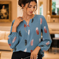 Fashion Woman Blouse Shirts For Women Stylish Top long Sleeve Feather Pattern Female Tops Elegant Chiffon Natalia Home Fashion    Natalia Home Fashion