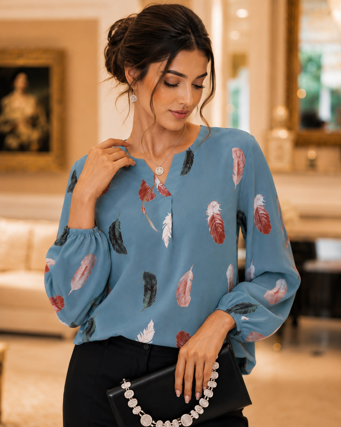 Fashion Woman Blouse Shirts For Women Stylish Top long Sleeve Feather Pattern Female Tops Elegant Chiffon Natalia Home Fashion    Natalia Home Fashion