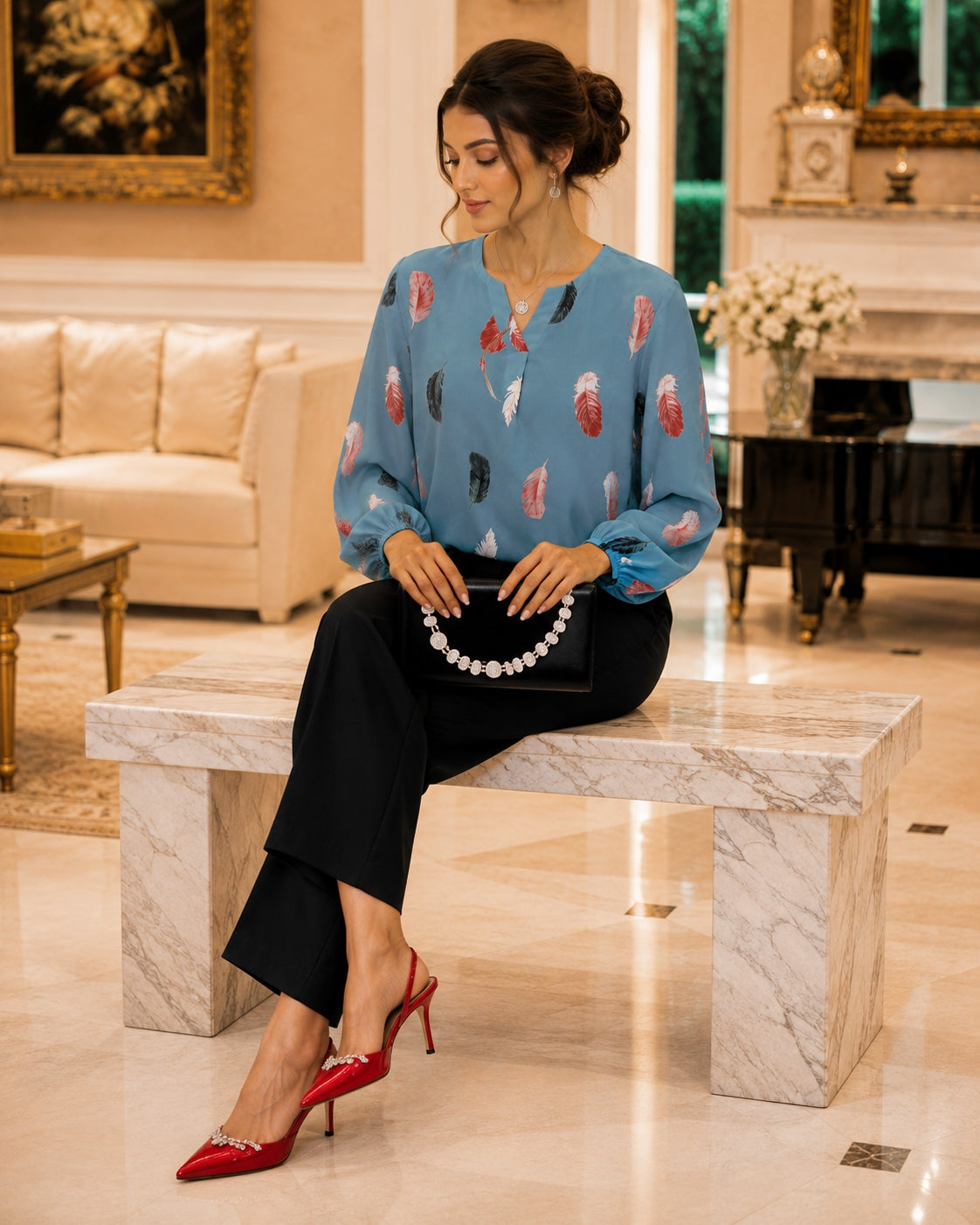 Fashion Woman Blouse Shirts For Women Stylish Top long Sleeve Feather Pattern Female Tops Elegant Chiffon Natalia Home Fashion    Natalia Home Fashion