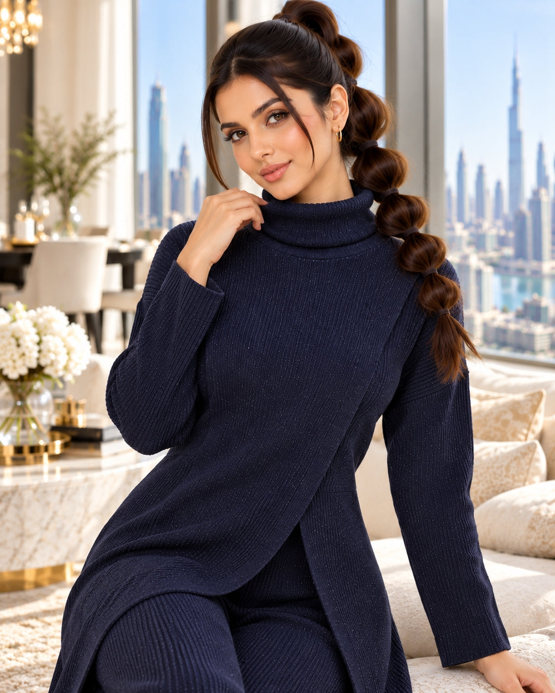 Women Knitted 2 Pieces Set Turtleneck Long Pullovers Sweaters & Wide Leg Pants Thicken Warm Sweater Sets Natalia Home Fashion    Natalia Home Fashion