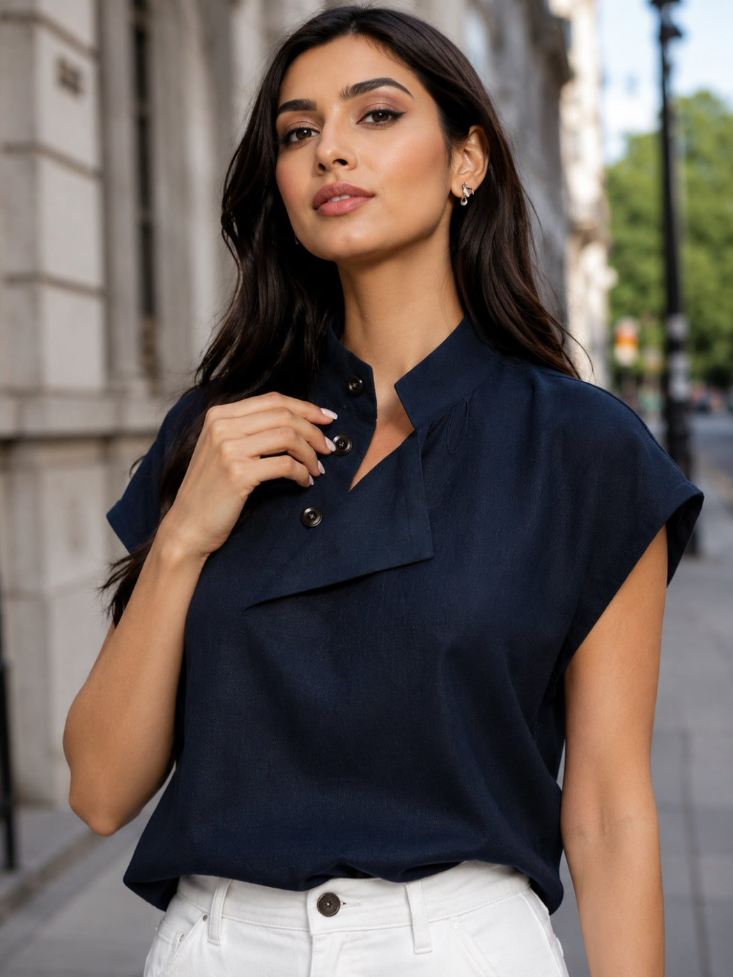 Women Cotton Linen Stand Collar Blouses Cap Sleeves Solid Color Loose Fit Casual Fashion Female Shirts Tops