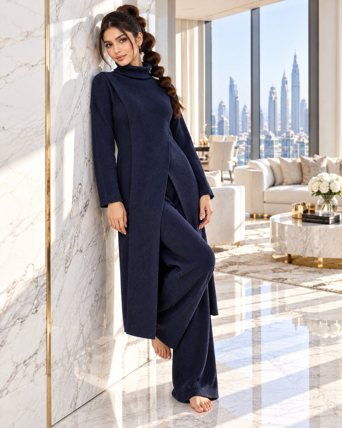 Women Knitted 2 Pieces Set Turtleneck Long Pullovers Sweaters & Wide Leg Pants Thicken Warm Sweater Sets Natalia Home Fashion    Natalia Home Fashion
