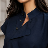 Women Cotton Linen Stand Collar Blouses Cap Sleeves Solid Color Loose Fit Casual Fashion Female Shirts Tops