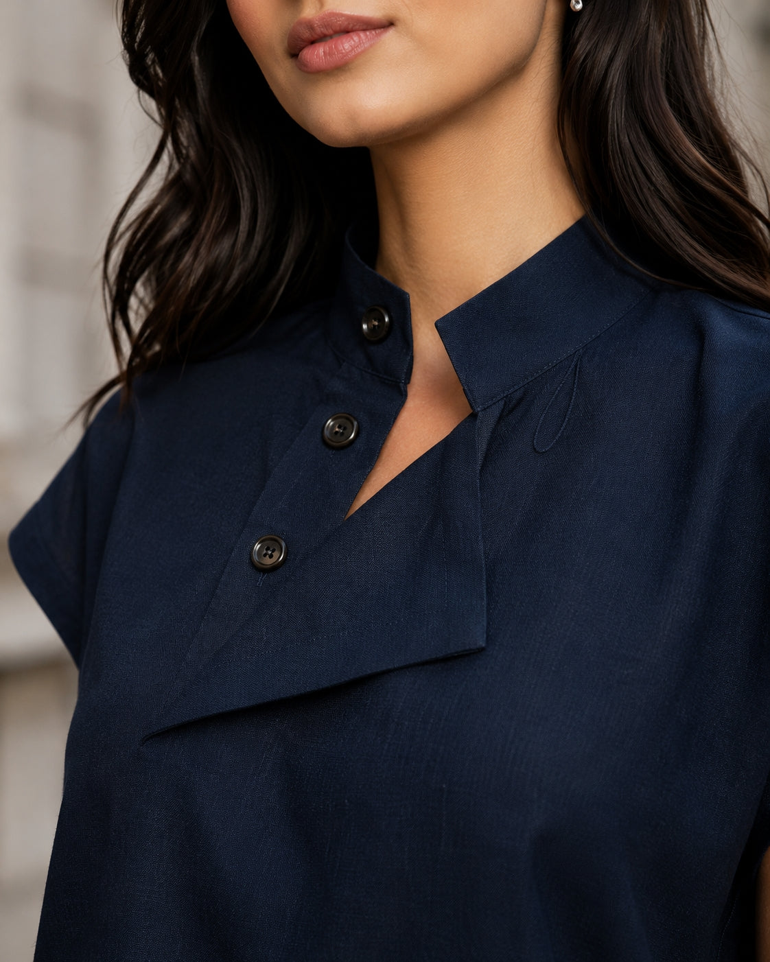 Women Cotton Linen Stand Collar Blouses Cap Sleeves Solid Color Loose Fit Casual Fashion Female Shirts Tops
