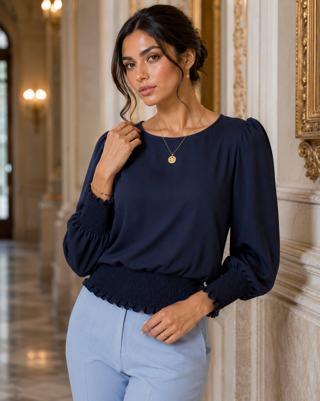 Women's Loose T-shirt Spring and Autumn New Solid Color Long-sleeved Lotus Leaf Sleeve Crew Neck Top Natalia Home Fashion    Natalia Home Fashion