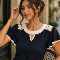 Hollow Out Sexy Lace Blouse Elegant Butterfly Sleeve Solid Blouse Shirt Office Lady O Neck Ruffles Patchwork  Tops Natalia Home Fashion    Natalia Home Fashion