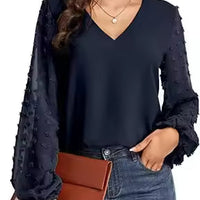 Women Blouses Shirts Lady Casual V-Neck Long Lantern Sleeve Solid Color Blouse Tops Natalia Home Fashion    Natalia Home Fashion