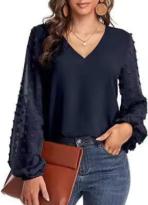 Women Blouses Shirts Lady Casual V-Neck Long Lantern Sleeve Solid Color Blouse Tops Natalia Home Fashion    Natalia Home Fashion