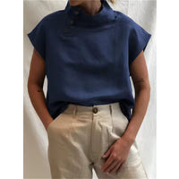 Women Cotton Linen Stand Collar Blouses Cap Sleeves Solid Color Loose Fit Casual Fashion Female Shirts Tops